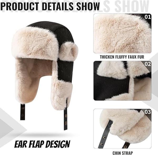 Vinter trapper hat med øreklapper, varm russisk hat til kvinder, trapper hat/skihue til mænd. black