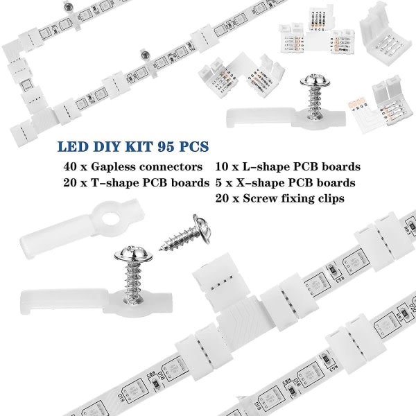 Sæt med 95 4-bens LED-strip lysforbindelsessæt inklusive skruebeslag,