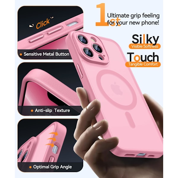 Magnetiskt Skal för iPhone 16 Pro Max med Fullständigt Kameraskydd [MagSafe-kompatibelt] [Transparent Matt] Skyddande Mobilskal, Hot Pink Rosa Pink iPhone 13 Pro Max