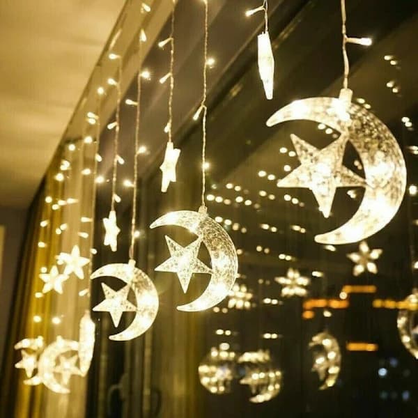 Eid Ramadan LED-gardinlys Fairy Lights EU-plugg varmhvit