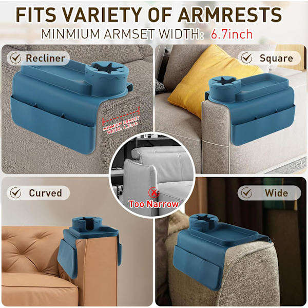 Silikon Sofakoppholder - Sklisikker Sofa Armlenebrett med Koppholder og 4 Lommer, Sammenleggbart Sofa Armlenebrett (Grå) Gray