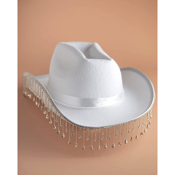 Vit cowboyhatt för kvinnor, med glänsande strassfransar
