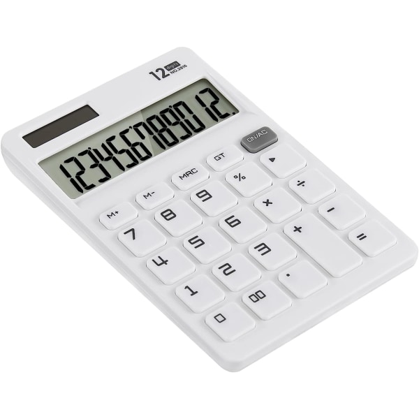 Skrivbordsräknare med stora knappar, 12-siffrig standard stor LCD-skärm Solar och batteridriven för kontor, skola, hem och företag - Vit