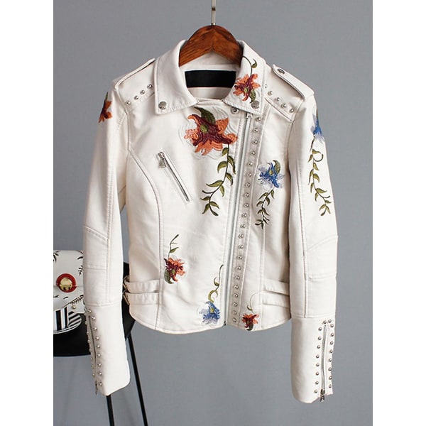 Floral Pattern Print Faux Soft Leather Jacket Women Pu Motorcycle Coat Female Black Punk Zipper Rivet Outerwear Beige Beige M