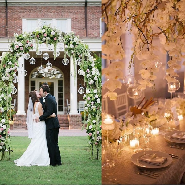 6x hängande teljusstakar i glas, bröllopsrestaurang med levande ljus