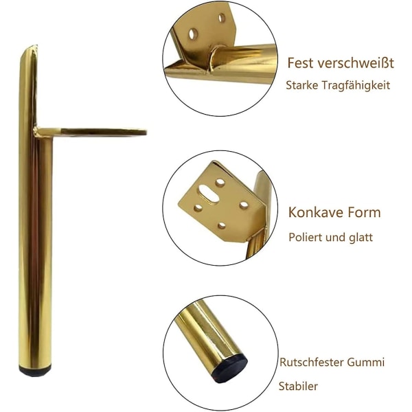 4 stk. skråstilte bordben i metall, koniske møbelben, gull, 15 cm høyde, sklisikker, lydløs base for sofaer, bord og andre møbler