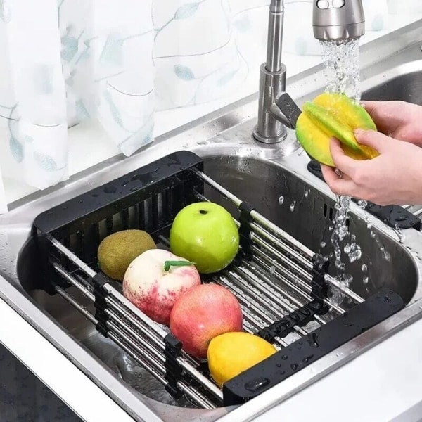 Drain Basket, Sink Drain, Telescopic Stainless Steel Dishwasher Drain in Kitchen Wall Mounted Dishwasher for Fruit and Vegetable Drainage (Black)