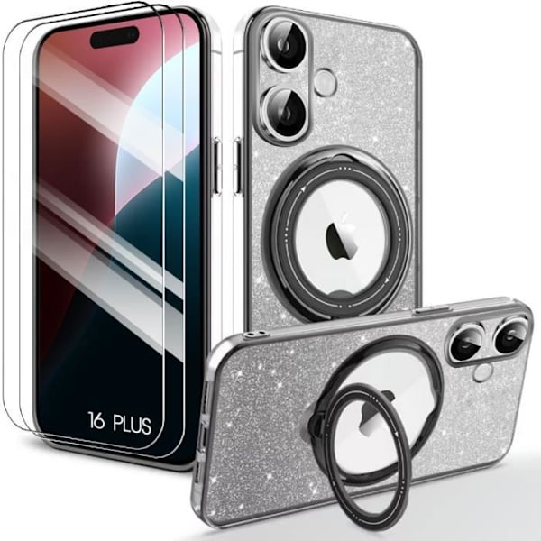 Fodral för iPhone 16 Plus med magnetiskt stöd + 2 härdat glas - Repskyddande silikon med glittrande effekt Svart