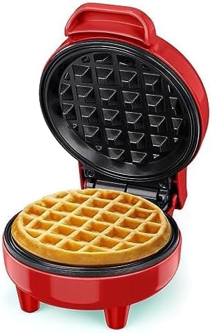 Mini Waffle Iron, Waffle Maker, Ready Indicator Light, Non-Stick Coating, Cool-Touch Handle, Compact Size Red