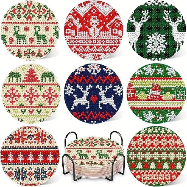 Jule diamantmaleri-underlagsett, DIY glitrende drikkematter med metallholder 836