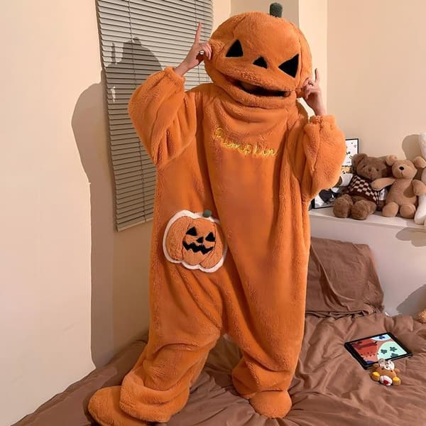 Halloween Græskar Onesie Pyjamasdragt til kvinder, varm koralfleece, kostume til efterår og vinter Brown bear - barefoot XL (size 2)