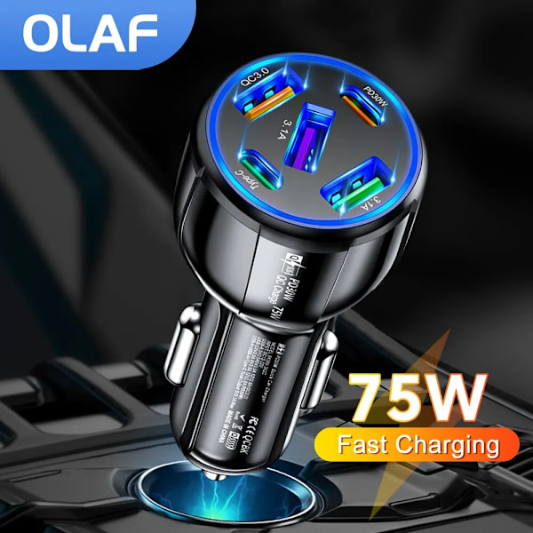 Port 75W USB Bil Lader Type C Bil Lader Hurtig Lading PD QC3.0 Telefonlader i Bil For iPhone Xiaomi Huawei Samsung black
