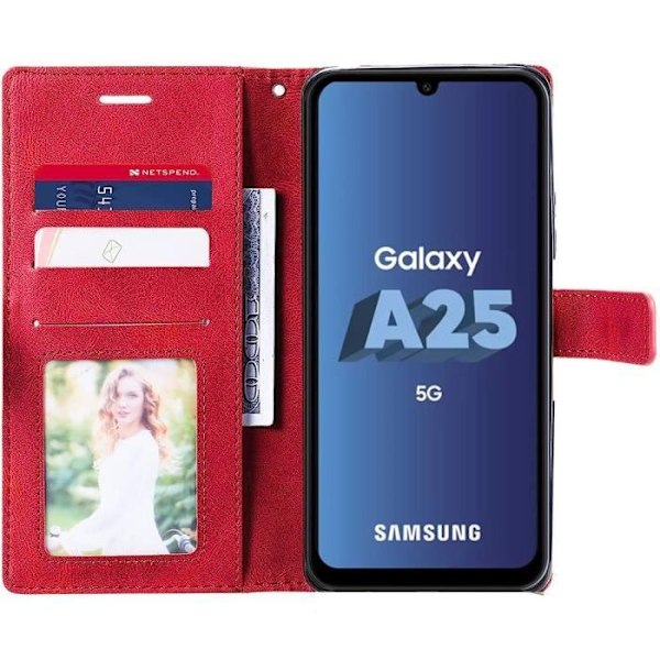 Etui til Samsung Galaxy A25 5G - Rød - Retro Stil PU Lær og støtsikker TPU-innside med kortspor