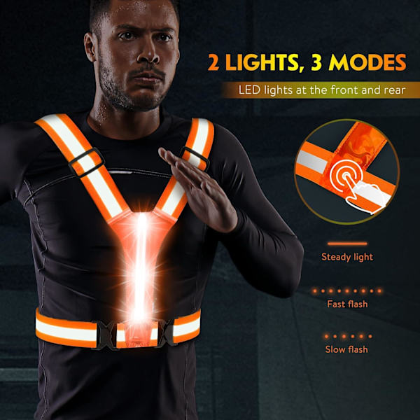 LED-heijastava liivi, USB-ladattava, säädettävä vyötärö/olkapää - Orange