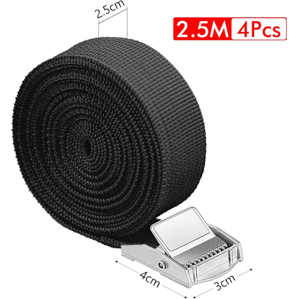 4 st Spännband 2,5*250CM (Svart) Svart Spännband Clip Fix