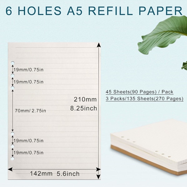 A5 Refill Papper 3-pack 100GSM Tjockt Refill Papper 6 Hål 135 Ark (270 Sidor) för 6-Rings Pärm Journal Anteckningsbok Linjerat Papper