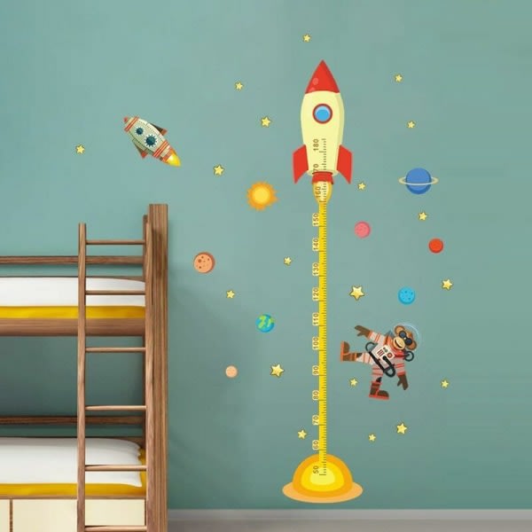 Planeter Space Rocket Højde Vækstkort Vægmærkat Aftageligt DIY Nursery Baby Nursery Vægdecoration