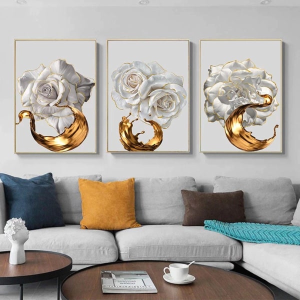 Ylelliset kangasjulisteet - Wall Art / Gold Leaf White Rose - Väri: Kultavalkoinen kuviollinen 3-osainen set (20x30cm)