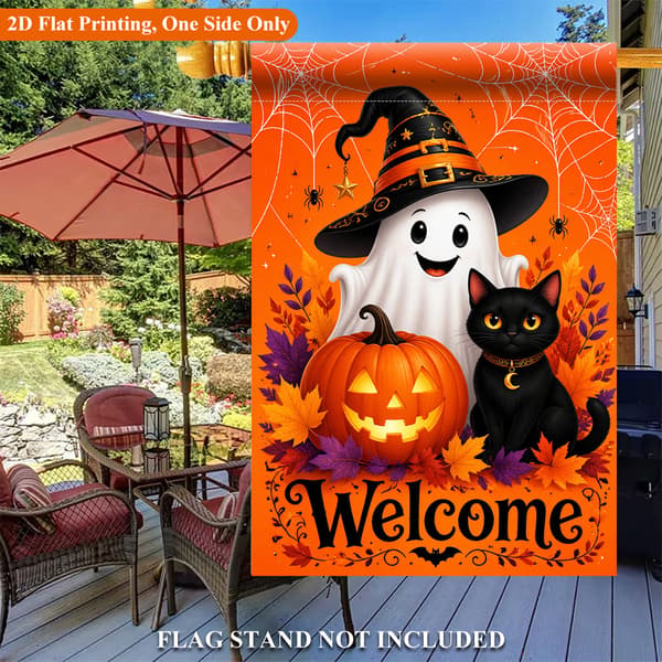 2D Flat Hageflagg Halloween Gresskar Og Svart Katt Design Enkeltsidig Polyester Utendørs Hagepynt 45x30 cm / 17.7x11.8 inches
