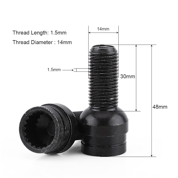 Svarta hjulbultar och låsbara hjulmuttrar i stål - M14*1.5MM_xx