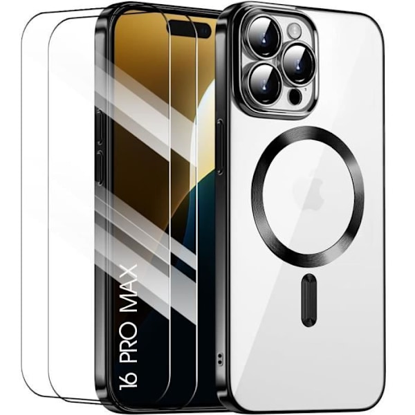 Fodral + 2 härdat glas för iPhone 16 Pro Max, stötsäkert skydd Svart ram med magnetisk cirkel