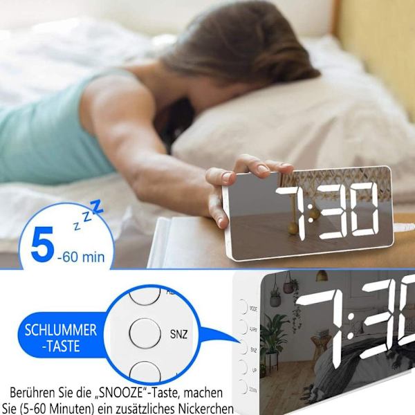 Digital väckarklocka, LED digitalklocka med temperaturvisning, bärbar spegelalarm, bordsklocka, justerbar ljusstyrka