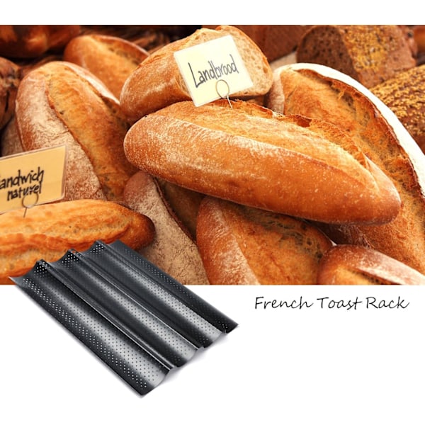 Baguette bageplade, perforerede franske baguetteforme til 4 baguettes black