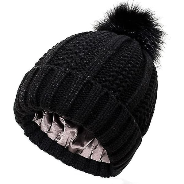 Dam Slouch Stickad Beanie Pompom Med Satinfoder Varm Basker Ribbad Bouffant Beanie Vintermössa Undvik statisk