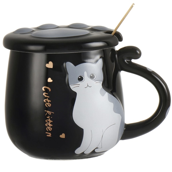 Kissan muki Söpö keraaminen kahvikuppi ihanalla Cat Claw -kannella ruostumaton teräslusikka, erityinen set 400 ml/13.5oz
