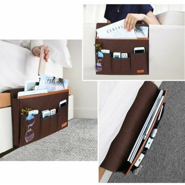 Sofa Armrest Organizer, Armstol Oppbevaringspose med 5 Lommer, Deksel for Fjernkontroll, iPad, Magasin, Briller (Brun)