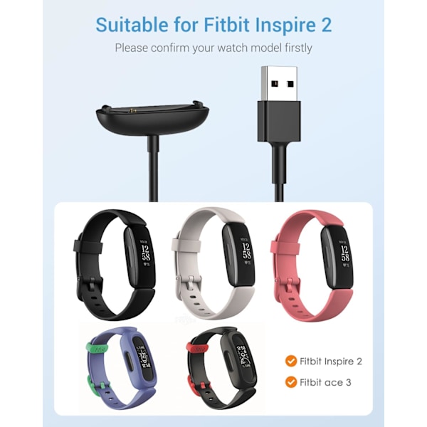 Oplader Kompatibel med Fitbit Inspire 2/Ace 3 Fitness Tracker, Magnetisk Udskiftningsopladningsdock med 3,3ft/100cm USB-opladningskabel, Sort