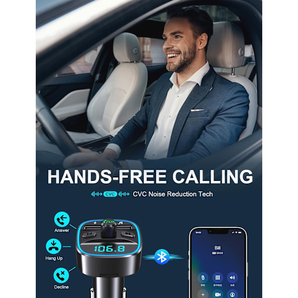 Bluetooth Billadapter, Bluetooth FM-sender til bil MP3-afspiller FM-sender, håndfri opkald, to USB-porte (5V/2.4A & 1A), LED-display