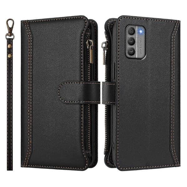 Magnetiskt Läderplånboksfodral med 9 Kortfack, Blixtlåsficka och Handrem för Säker Förvaring For Nokia G400