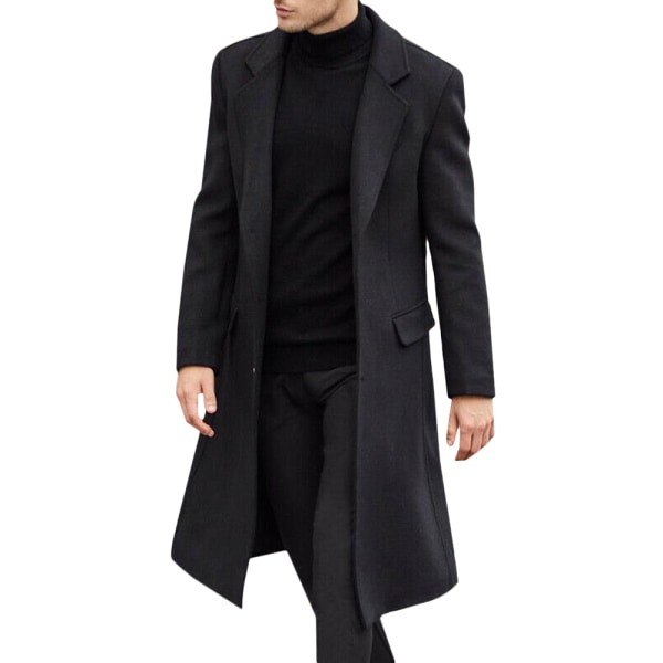 Miesten takki pitkä trenssi miesten Trenditakki yksirivinen Musta Black M