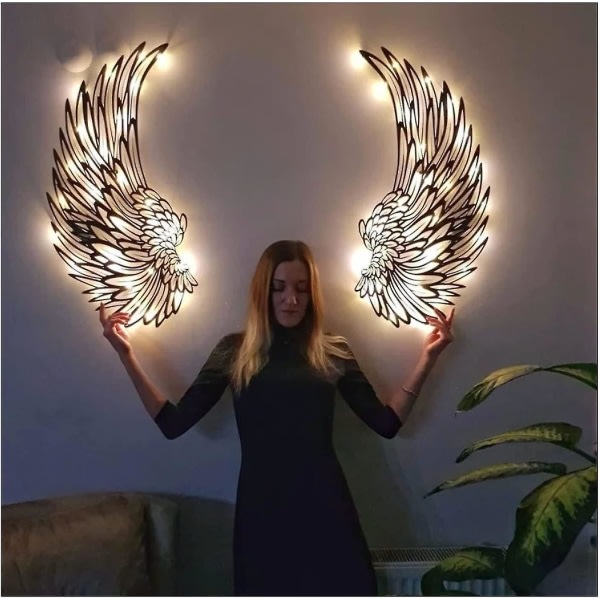 Par englevinger metallveggdekor med LED-lys, 3D englevinger veggskulpturer dekor for hjemmet soverom Stue Hage Kontor 35 cm