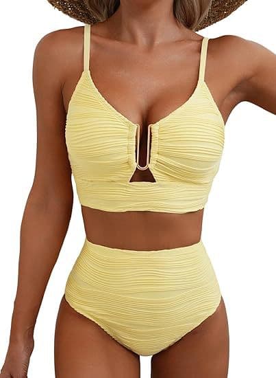 Bikini för kvinnor med V-ringning och utskärningar, högmidjad texturerad plisserad baddräkt XL E