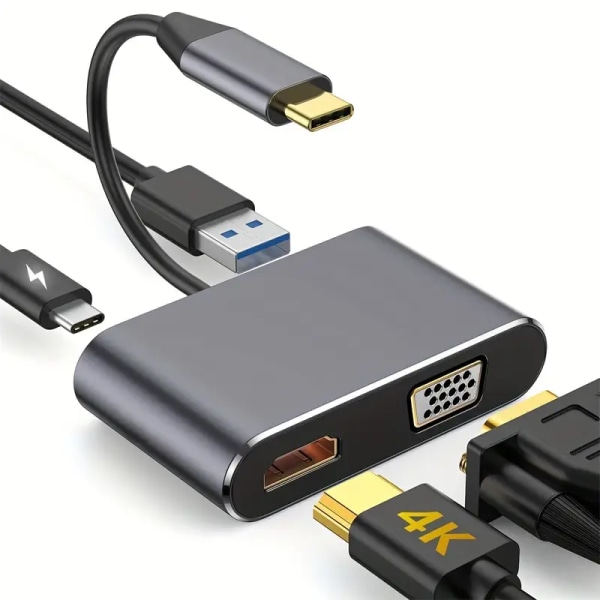 USB C Hub til HDMI VGA Multiport Adapter, 4-i-1 USB C til VGA Multi-Port