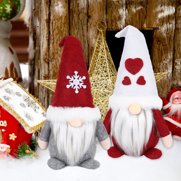 2stk julenisse plysjdekorasjoner plysjfigurer, plysjnisse svensk dvergdukkedekorasjon, julenissedekorasjoner lue med hjerteform
