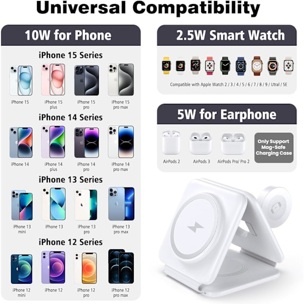 3-i-1 Vikbar Magnetisk Trådlös Laddningsdocka - Reseladdningsdyna för iPhone 15 14 13 12 Pro Max Plus Klocka & Airpods