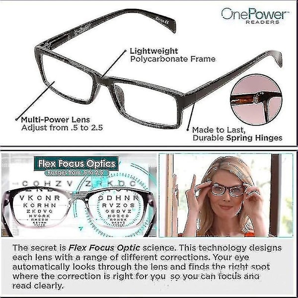 One Power Readers Auto Adjusting Bifocal Reading Glasses Mulifocal +50 To +250--
