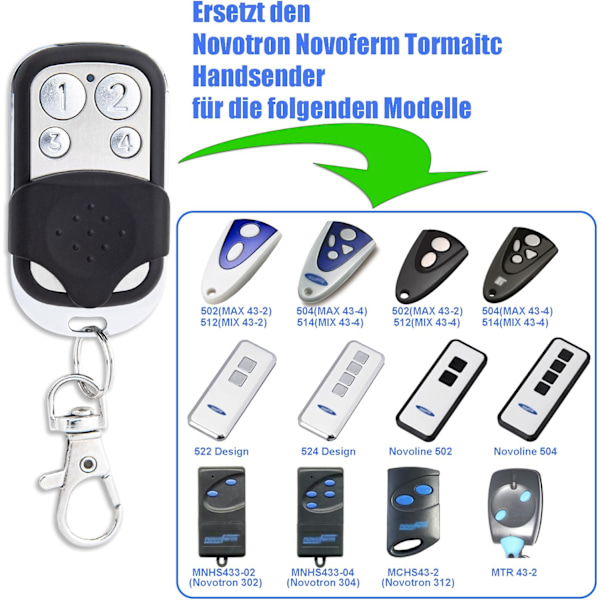 DDcafor Garasjeportåpner, Garasjeport Fjernkontroll for Novoferm Novotron Håndholdt Sender 502 MAX43-2 512 MIX43-2 504 MIX43-4 433.92 MHz 1 past