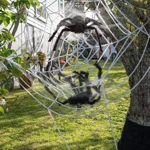 12ft jättiläinen pyöreä Halloween hämähäkinverkko Faux Fur Prop Scary ulkokoriste terassille Ovi Retractable Spider Web