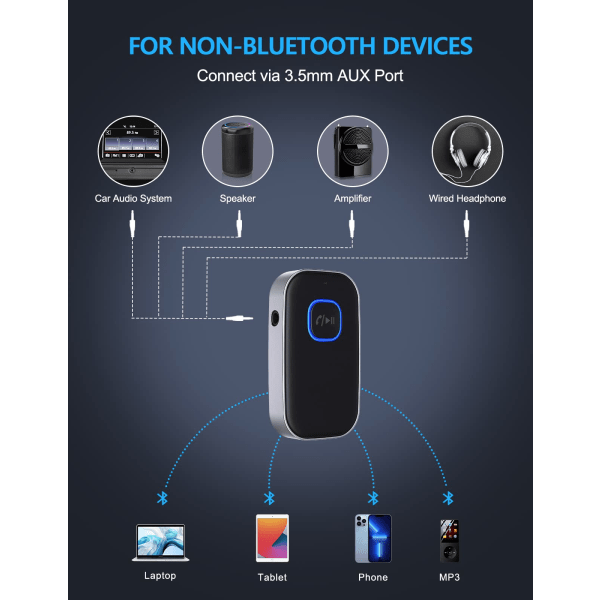 Bil Bluetooth 5.0-modtager, støjreducerende AUX-adapter, hjemmestereo/håndfri opkald Bluetooth-musikmodtager, 16 timers batterilevetid - sort