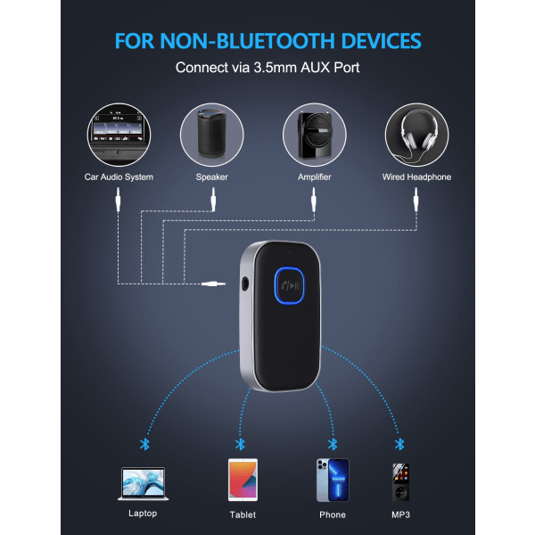 Bluetooth 5.0-mottagare för bil, brusreducerande AUX-adapter, Bluetooth-mottagare för musik med hemstereo/handsfree-samtal, 16 timmars batteritid - Svart