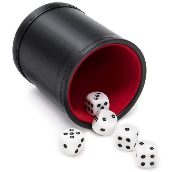 Læderkop sæt i rød filt Silent Liner Shaker med 5 terninger til spil