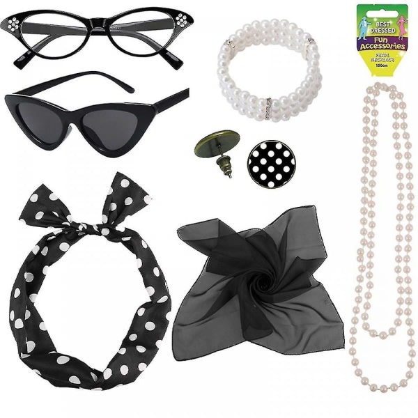 50'er sæt - prikket tørklæde, pandebånd, øreringe, briller