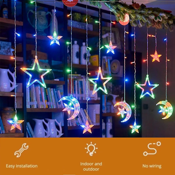 Gardiner Ljus Ramadan Fönsterljus Dekorationer Inomhus, 138 LED Stjärna Måne Fairy Lights