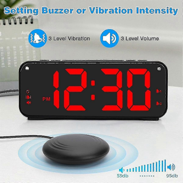 Högljudd väckarklocka för vuxna som sover tungt, dubbel väckarklocka med sängvibrator, för sovrum, 6,5 tum stor display med dimmer_xx