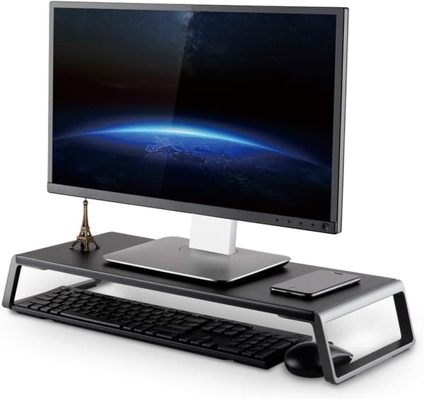 Multiskjermstativ med en solid 50,8 x 24 cm plattform og plassbesparende metallben med oppbevaring. black