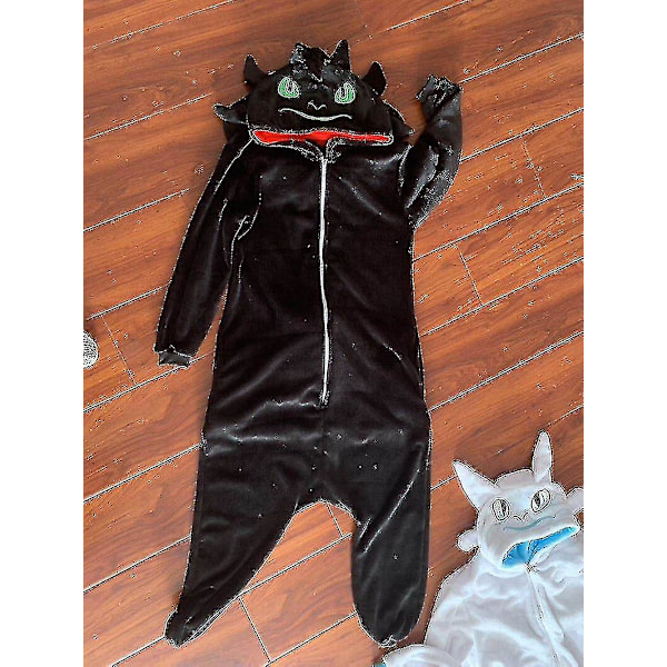 Tandløs Dragen Hvid Sort Onesie Voksen Unisex Flanel Pyjamas Anime Cosplay Træn Din Nat Fury Nattøj V Yz Sort Black XL  176*185cm